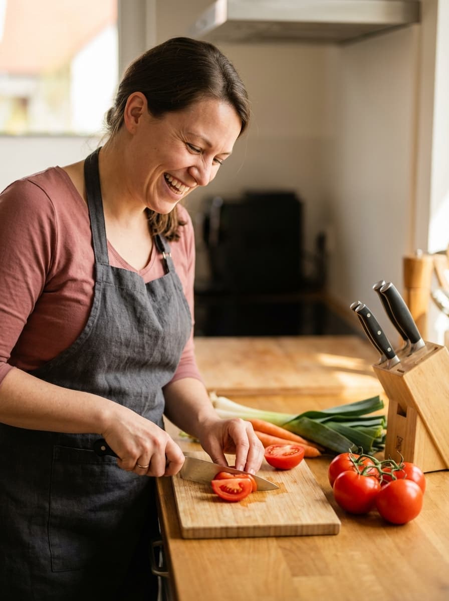 A person smiling warmly while chopping fresh vegetables in a sunlit home kitchen.