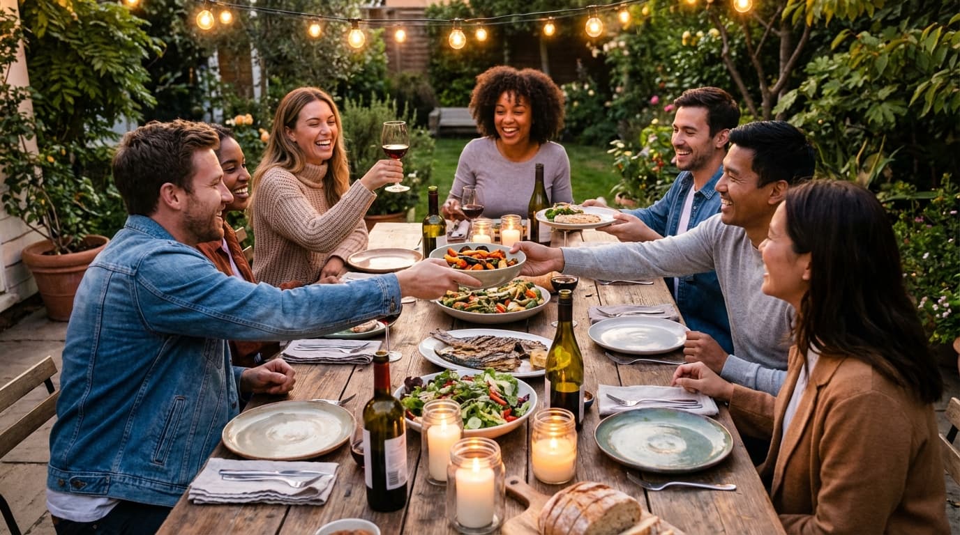 Friends laughing around a large wooden table outdoors under string lights in the evening.