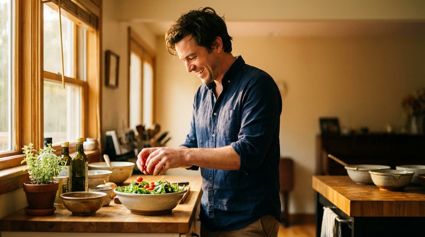 A person, appearing joyful and relaxed, preparing a vibrant green salad in a modern kitchen with natural light.